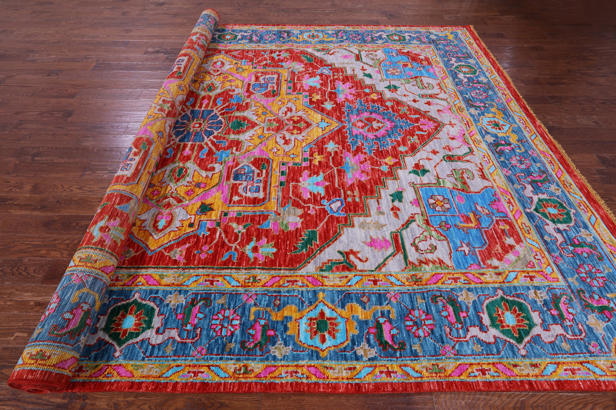 Red Geometric Persian Heriz Serapi Hand Knotted Wool Rug - 10' 0" X 14' 5" - Golden Nile