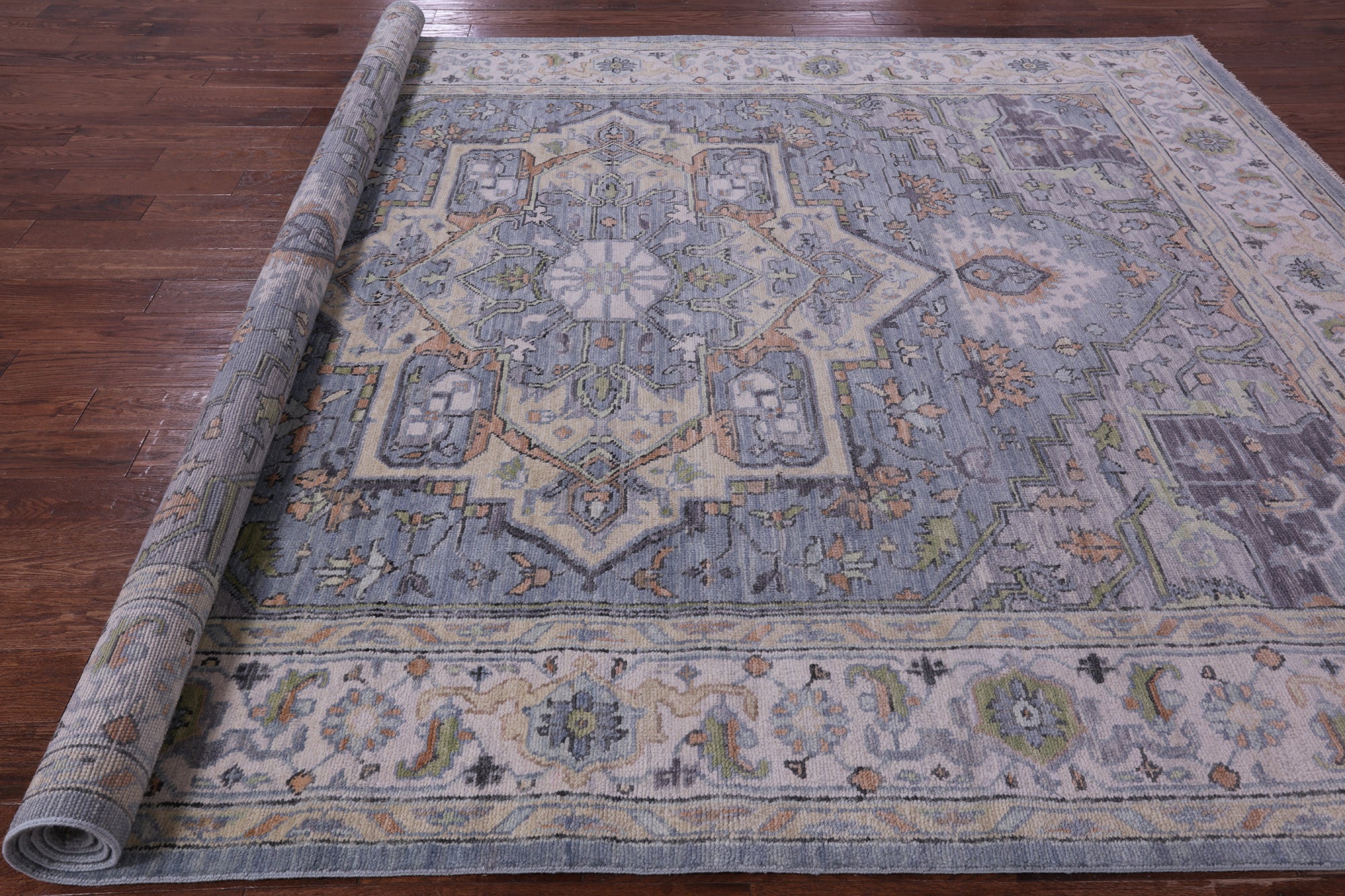 Grey Geometric Heriz Serapi Hand Knotted Wool Rug - 9' 2" X 12' 1" - Golden Nile