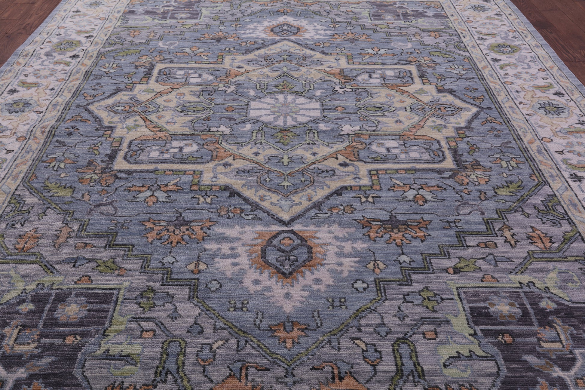 Grey Geometric Heriz Serapi Hand Knotted Wool Rug - 9' 2" X 12' 1" - Golden Nile