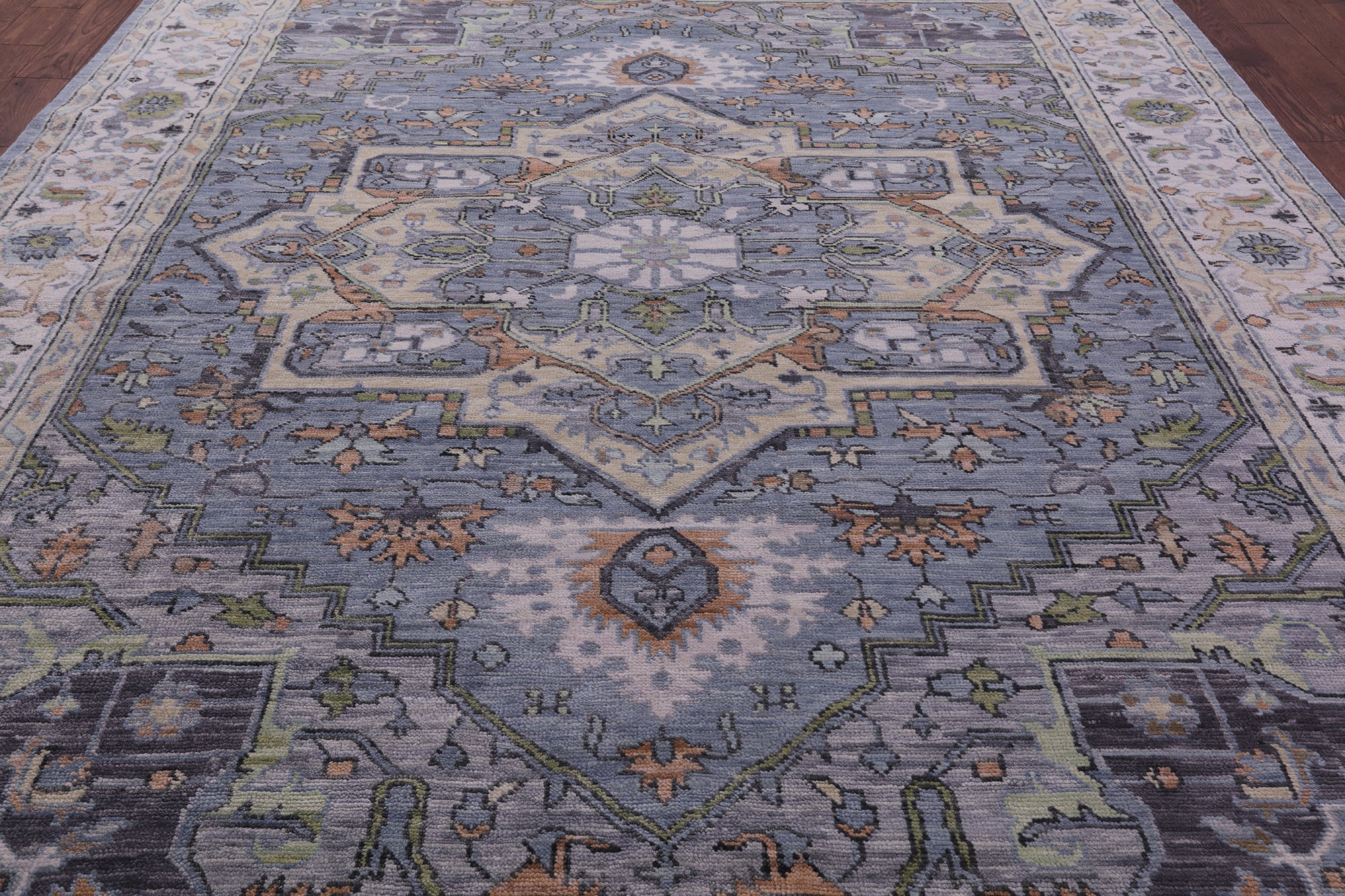 Grey Geometric Heriz Serapi Hand Knotted Wool Rug - 9' 2" X 12' 1" - Golden Nile