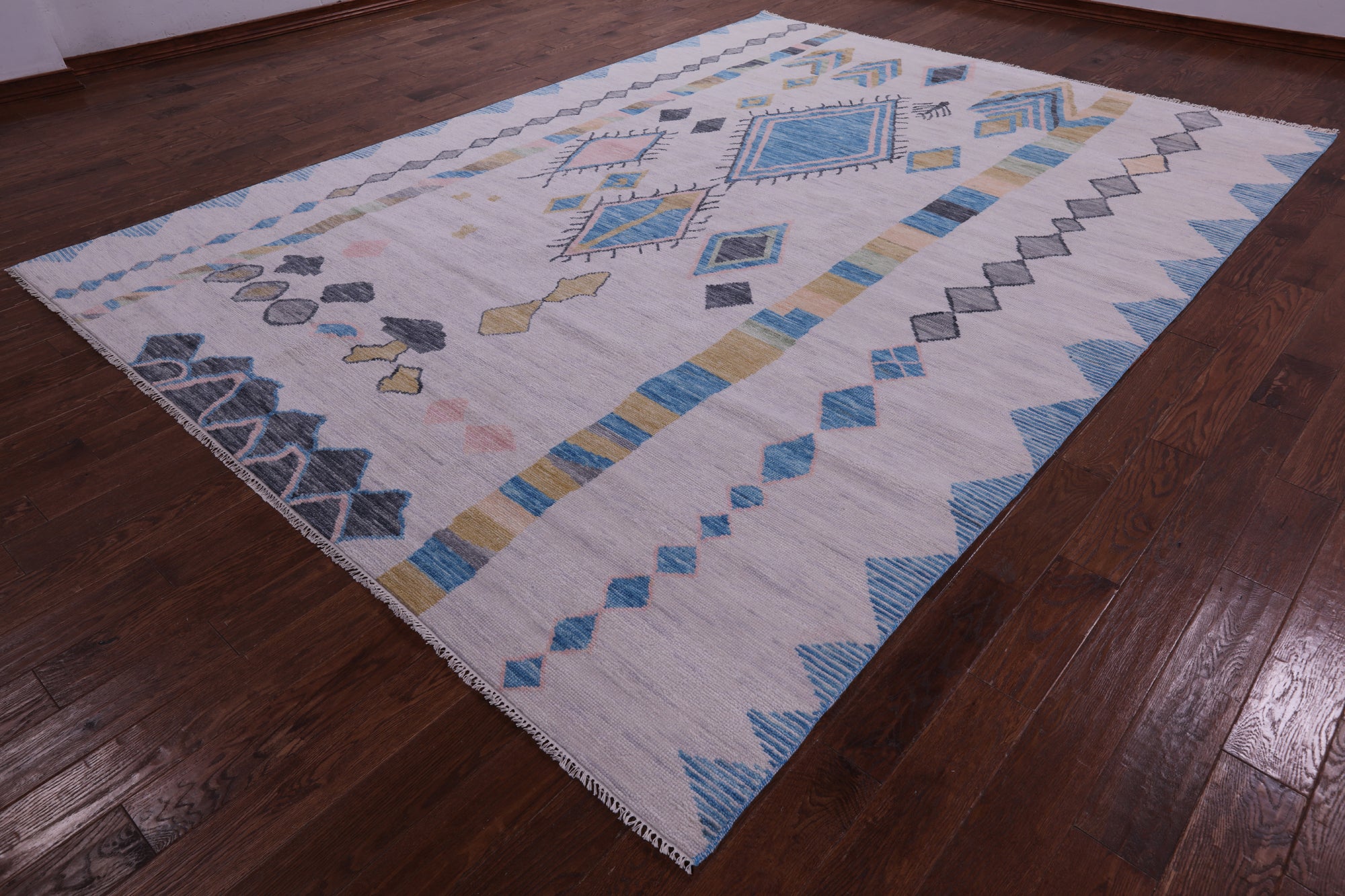 Ivory Tribal Moroccan Hand Knotted Wool Rug - 9' 1" X 12' 3" - Golden Nile