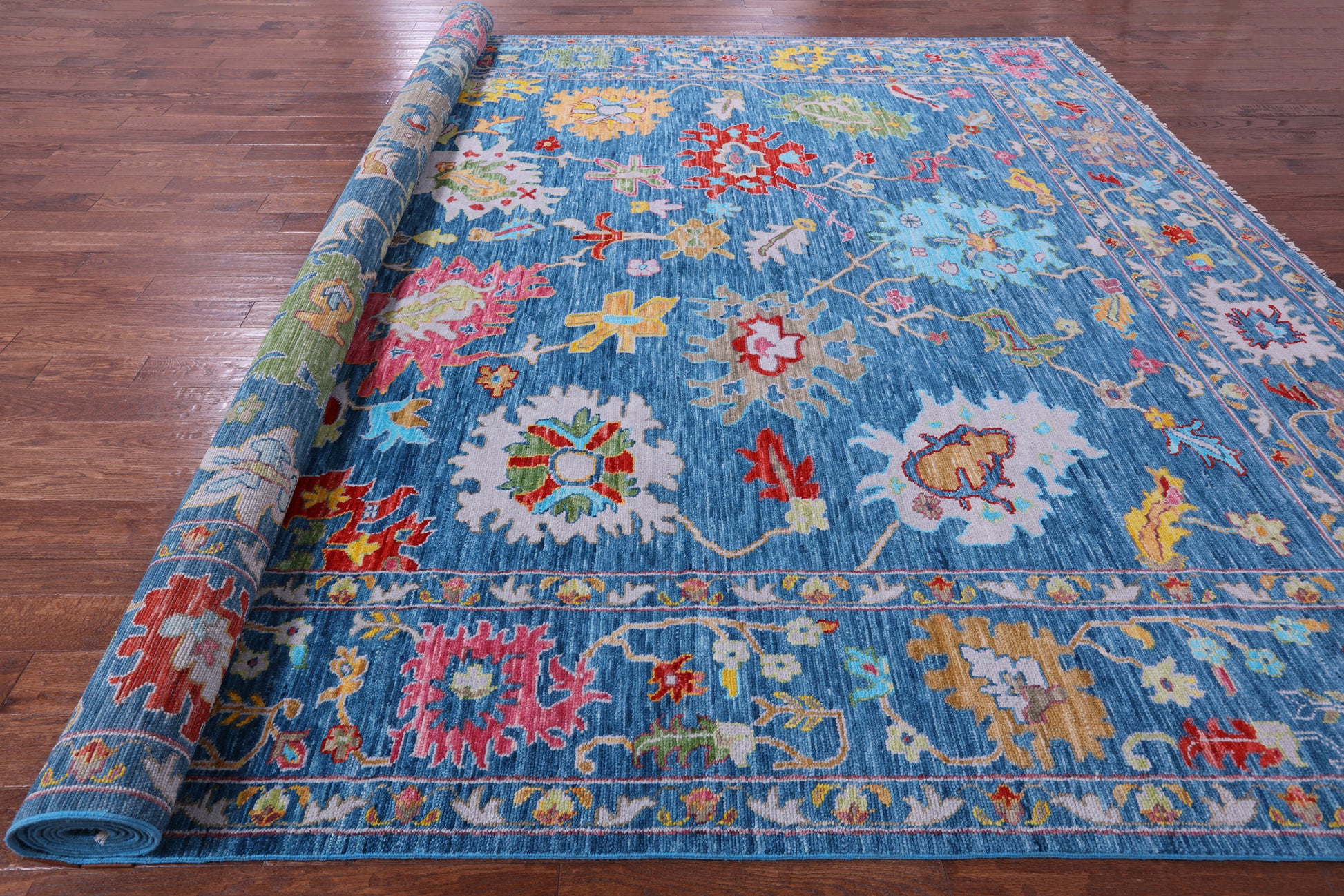 Blue Turkish Oushak Hand Knotted Wool Rug - 12' 3" X 17' 11" - Golden Nile