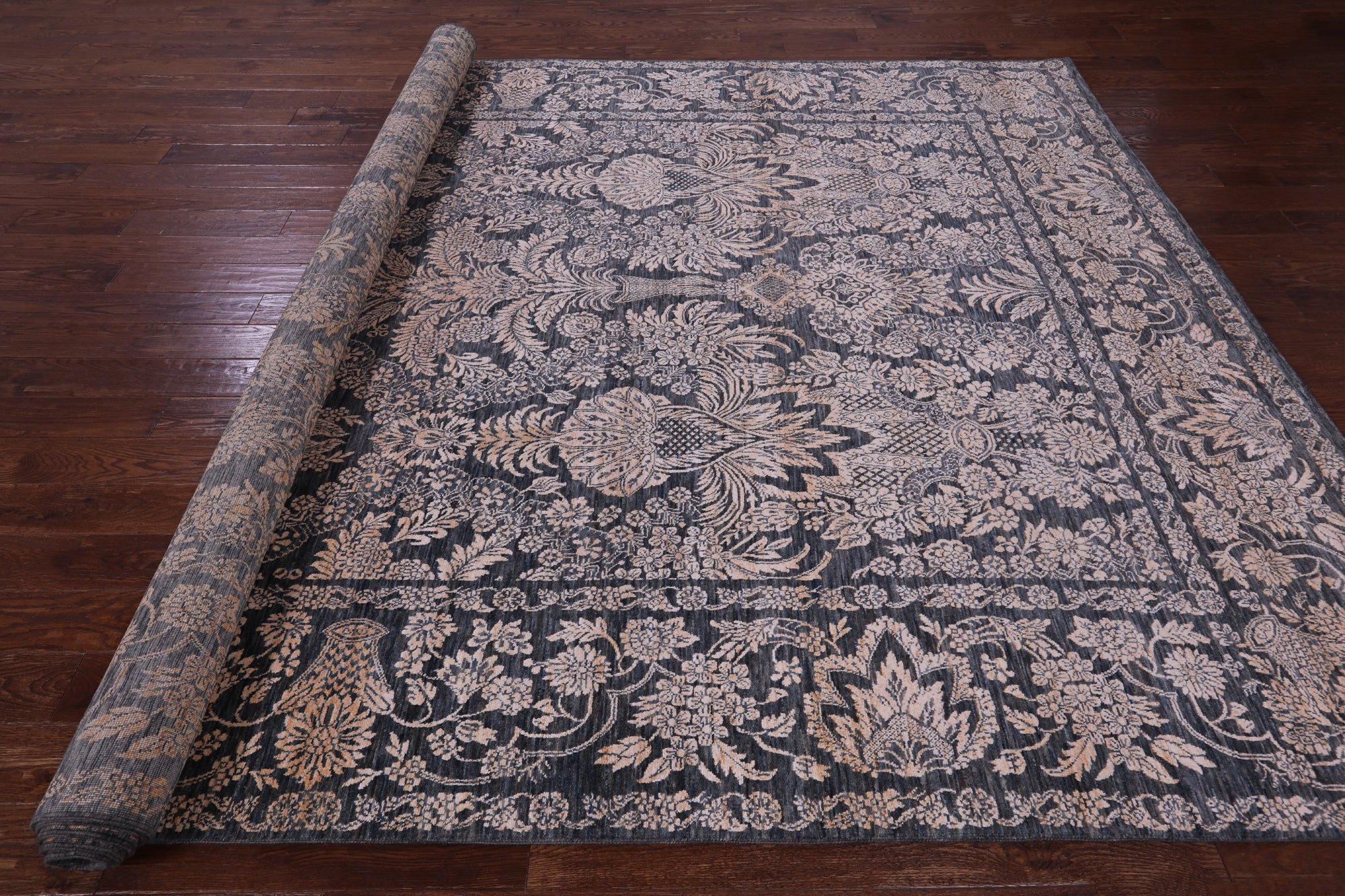 Grey Persian Tabriz Hand Knotted Wool & Silk Rug - 8' 11" X 13' 7" - Golden Nile