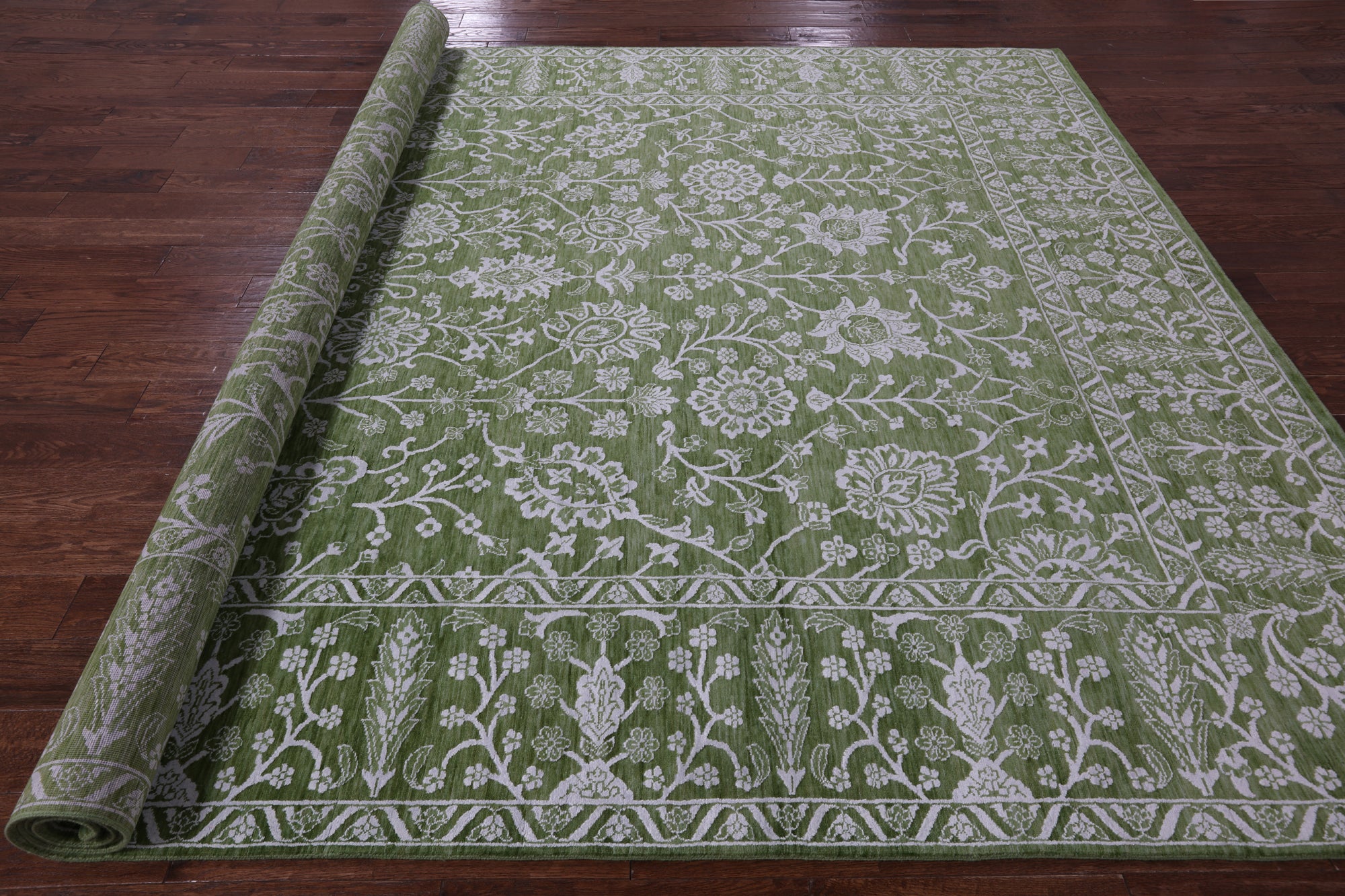 Green Persian Tabriz Hand Knotted Wool & Silk Rug - 8' 10" X 12' 1" - Golden Nile