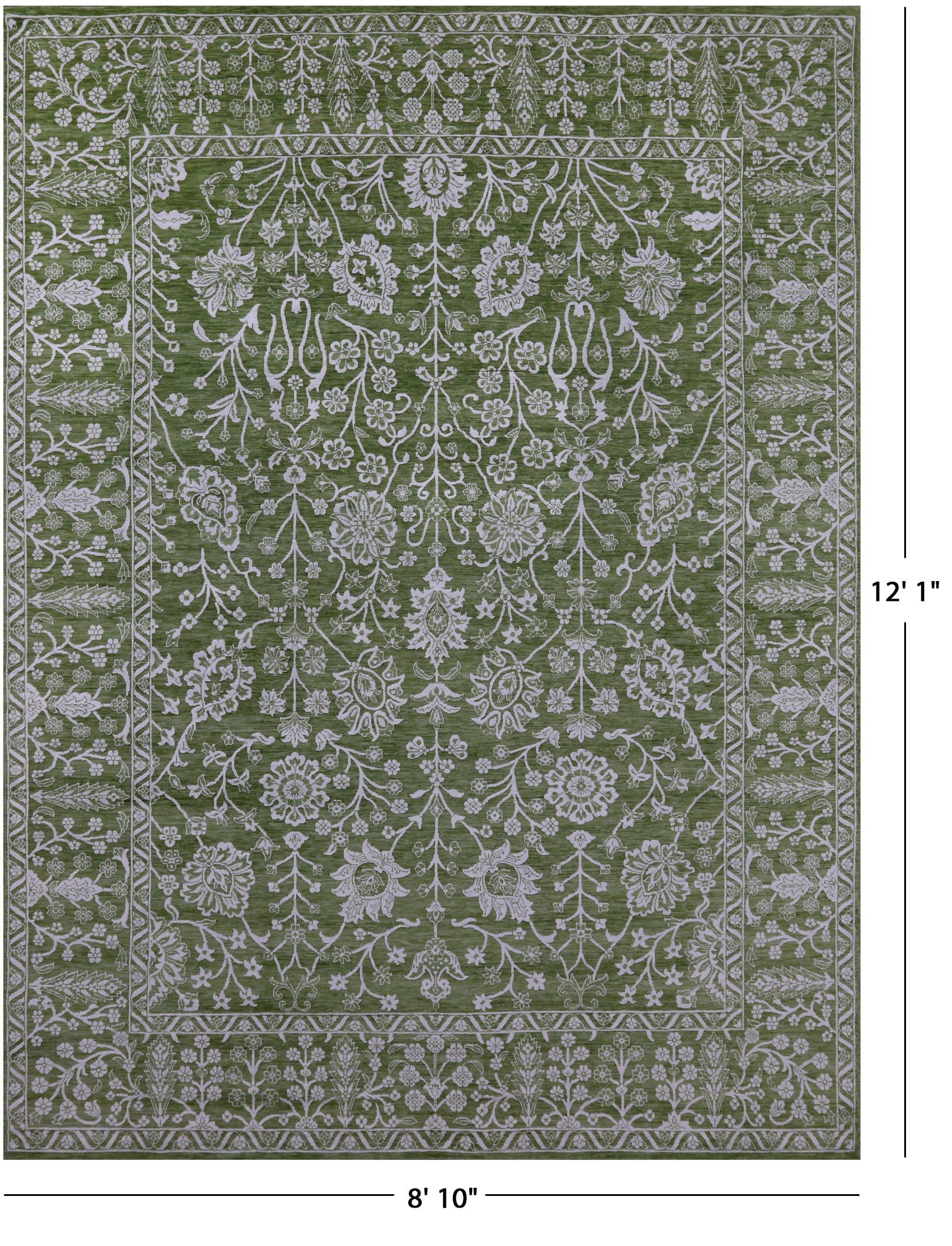 Green Persian Tabriz Hand Knotted Wool & Silk Rug - 8' 10" X 12' 1" - Golden Nile