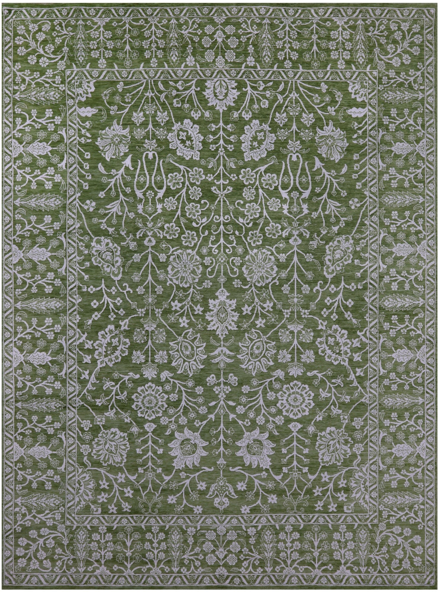 Green Persian Tabriz Hand Knotted Wool & Silk Rug - 8' 10" X 12' 1" - Golden Nile
