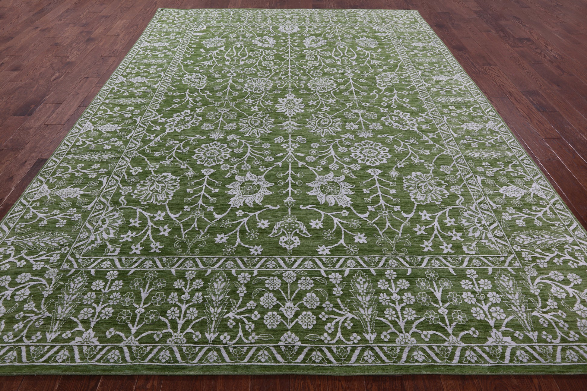 Green Persian Tabriz Hand Knotted Wool & Silk Rug - 8' 10" X 12' 1" - Golden Nile