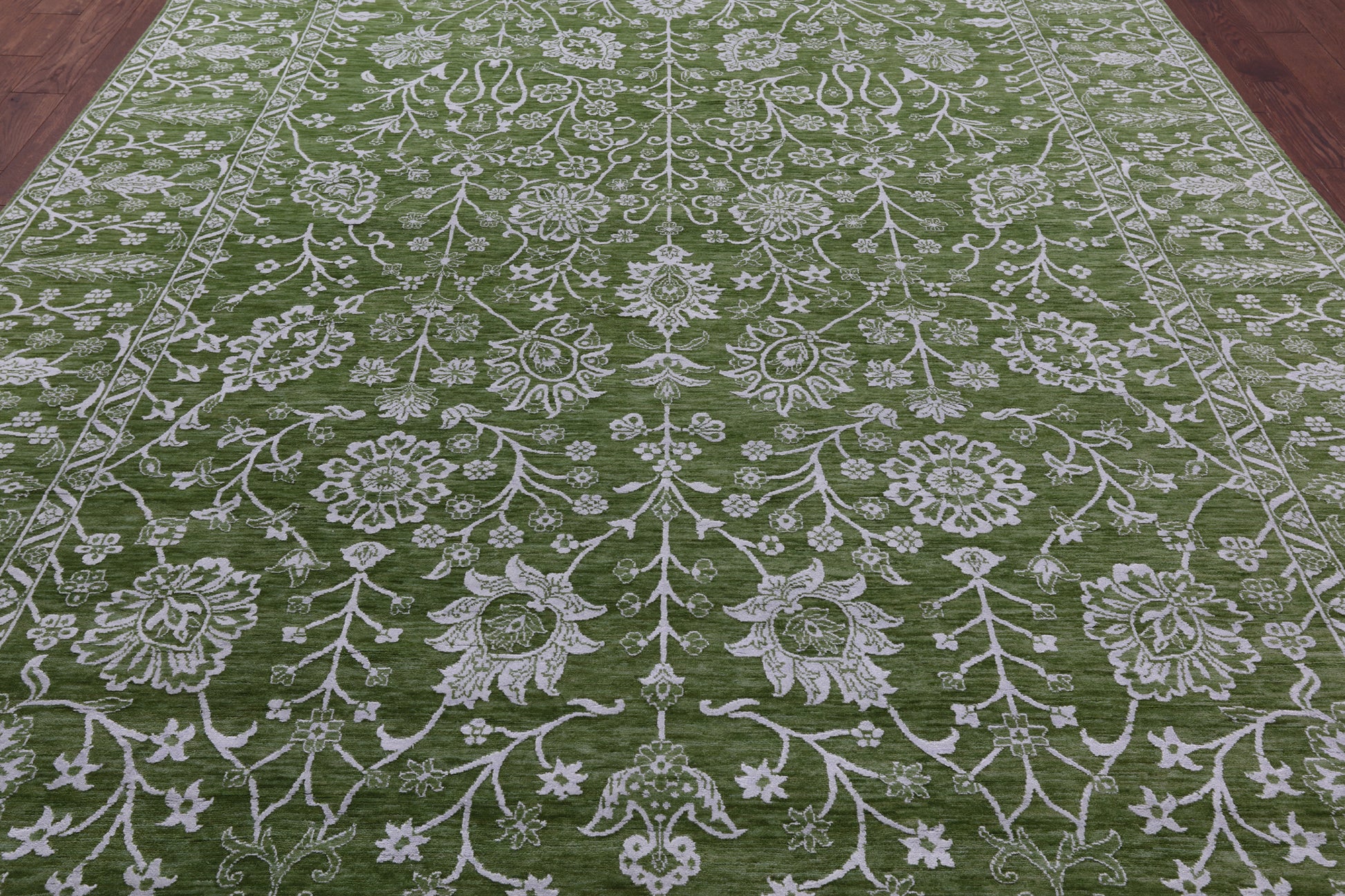 Green Persian Tabriz Hand Knotted Wool & Silk Rug - 8' 10" X 12' 1" - Golden Nile
