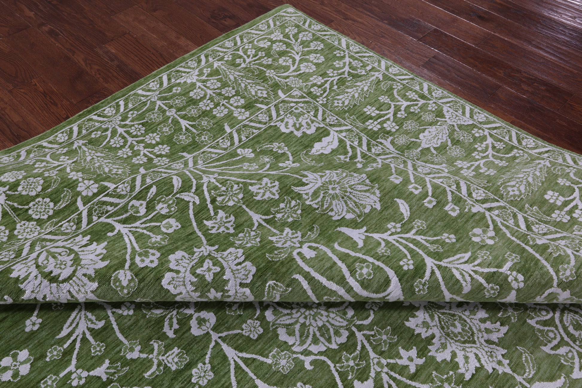 Green Persian Tabriz Hand Knotted Wool & Silk Rug - 8' 10" X 12' 1" - Golden Nile