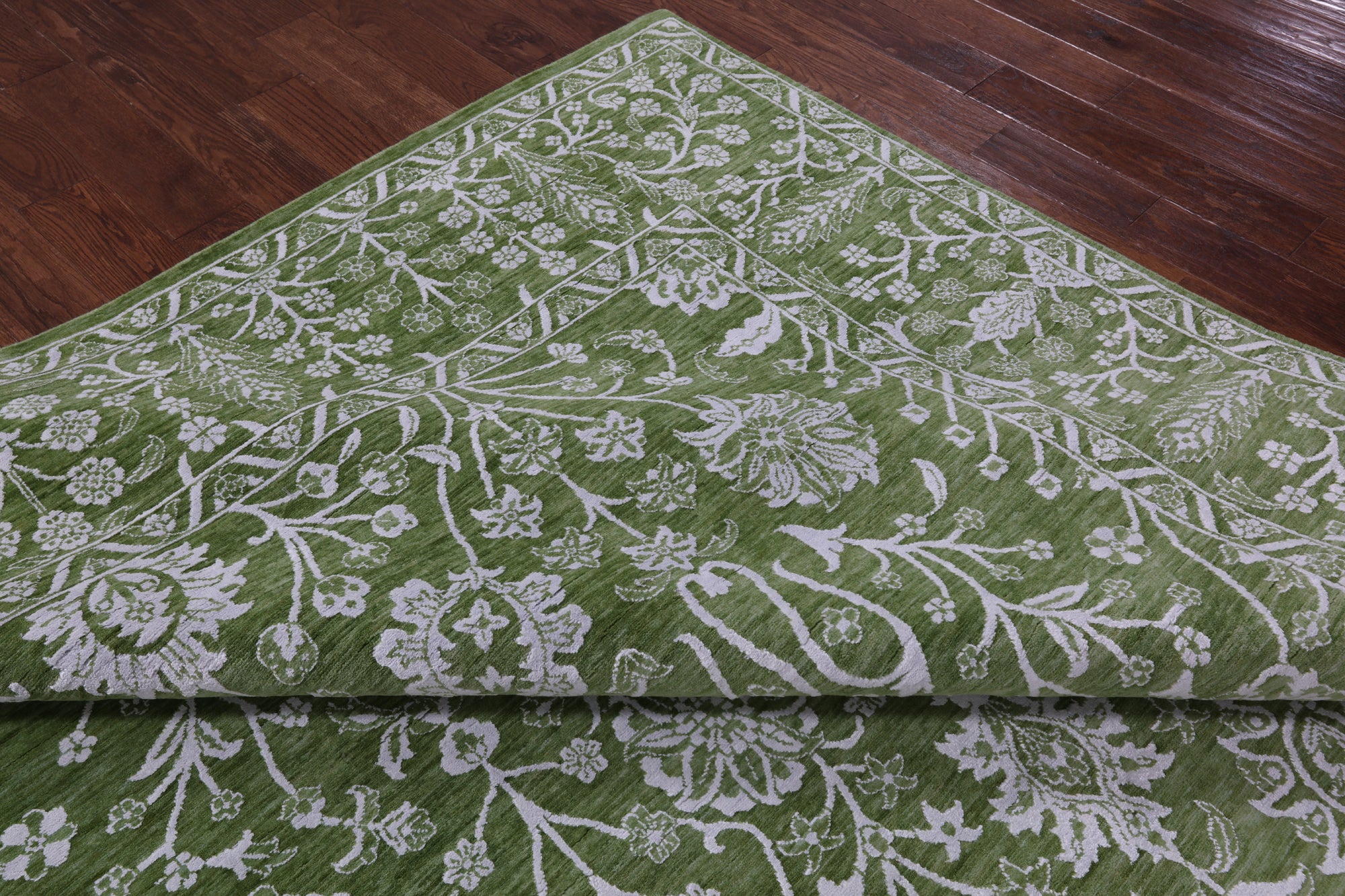 Green Persian Tabriz Hand Knotted Wool & Silk Rug - 8' 10" X 12' 1" - Golden Nile