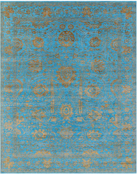 Blue Persian Sickle Leaf Handmade Wool & Silk Rug - 8' 0" X 10' 0" - Golden Nile