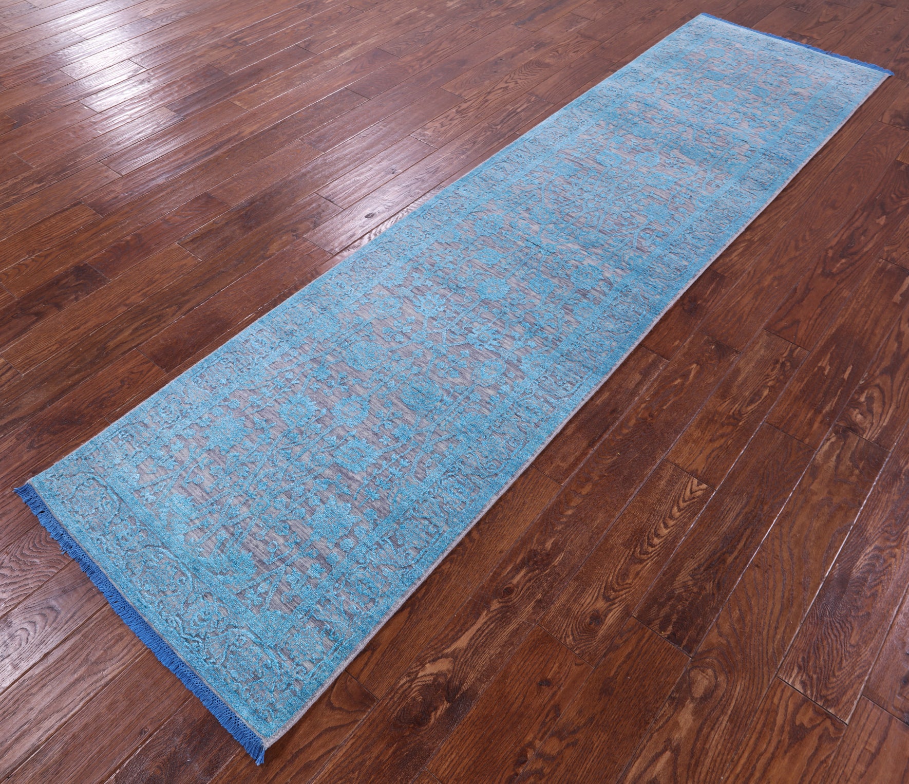 Grey Persian Tabriz Handmade Wool & Silk Runner Rug - 2' 6" X 10' 1" - Golden Nile