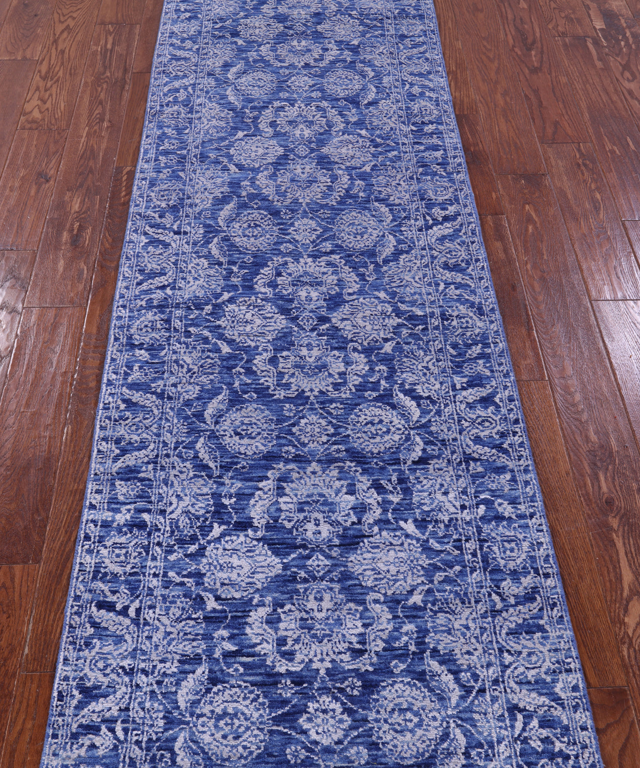 Blue Persian Tabriz Hand Knotted Wool & Silk Runner Rug - 2' 7" X 11' 11" - Golden Nile