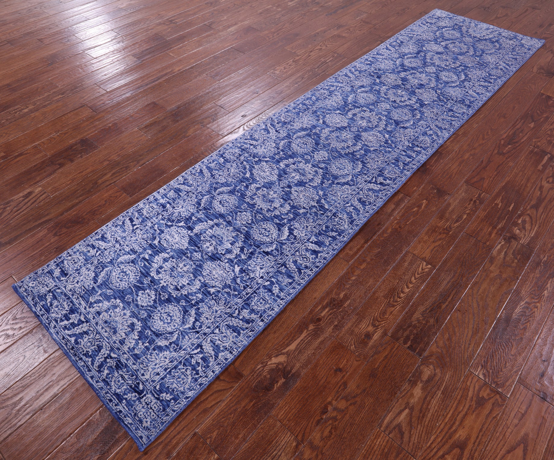 Blue Persian Tabriz Hand Knotted Wool & Silk Runner Rug - 2' 7" X 11' 11" - Golden Nile