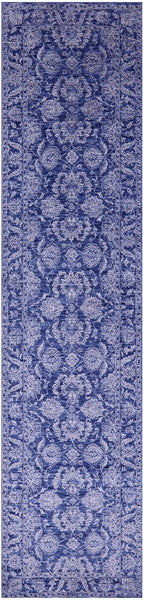 Blue Persian Tabriz Hand Knotted Wool & Silk Runner Rug - 2' 7" X 11' 11" - Golden Nile