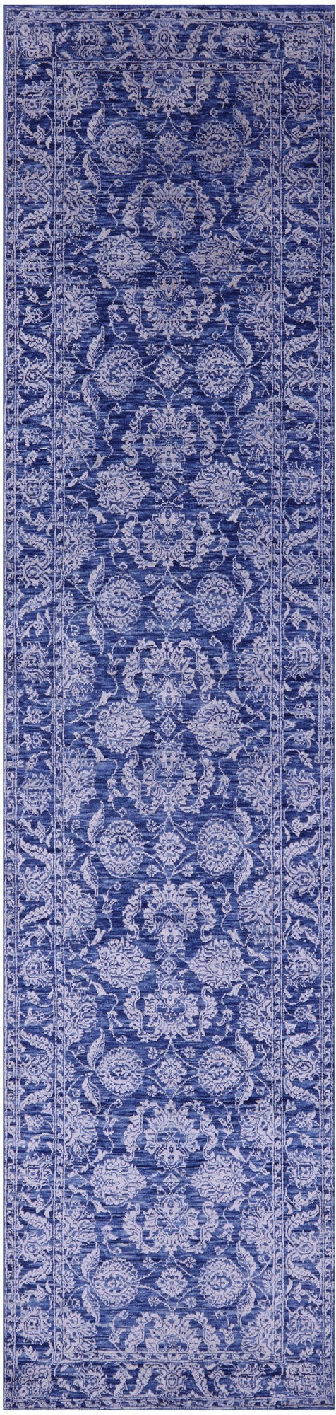 Blue Persian Tabriz Hand Knotted Wool & Silk Runner Rug - 2' 7" X 11' 11" - Golden Nile