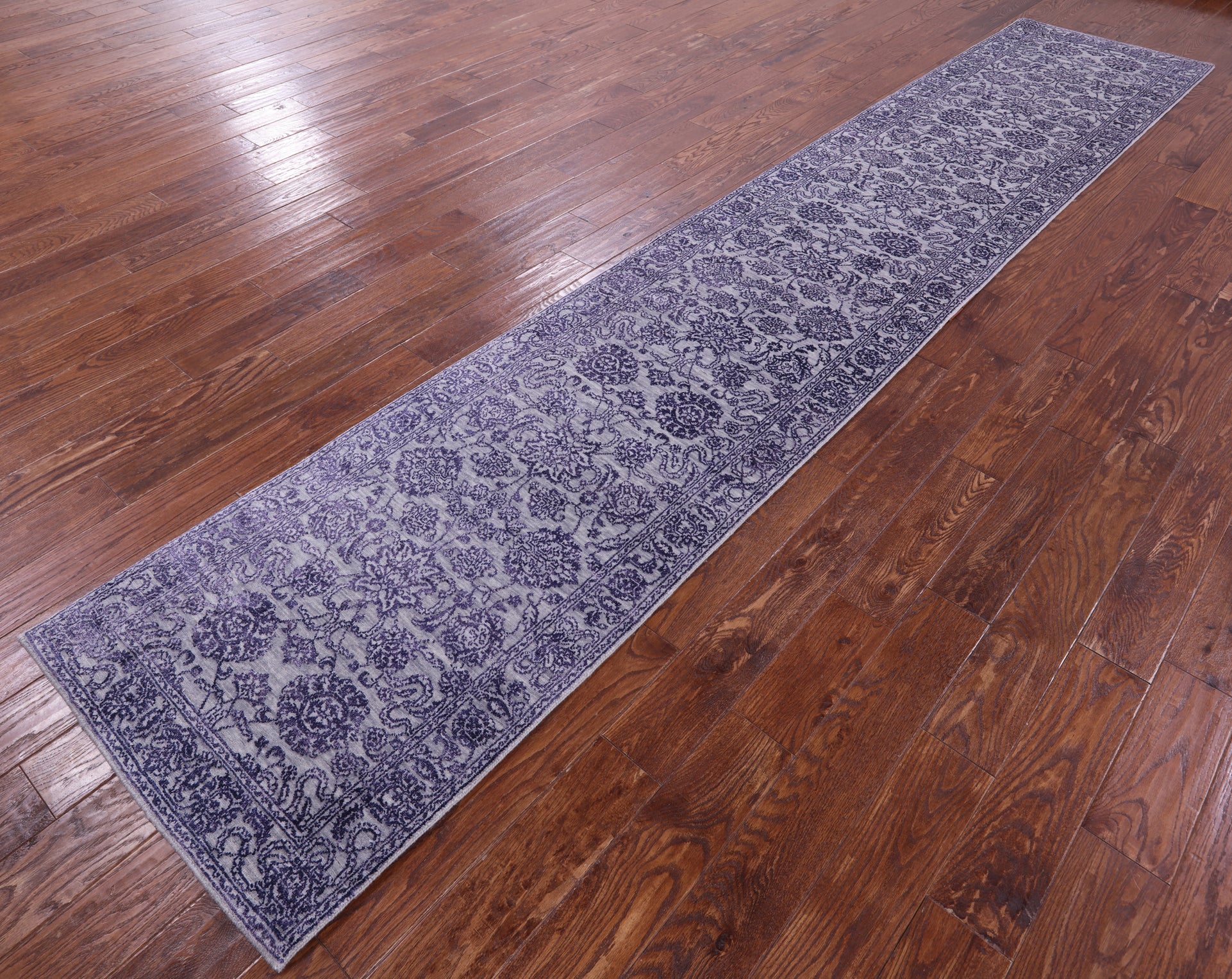Grey Persian Tabriz Handmade Wool & Silk Runner Rug - 2' 7" X 14' 3" - Golden Nile