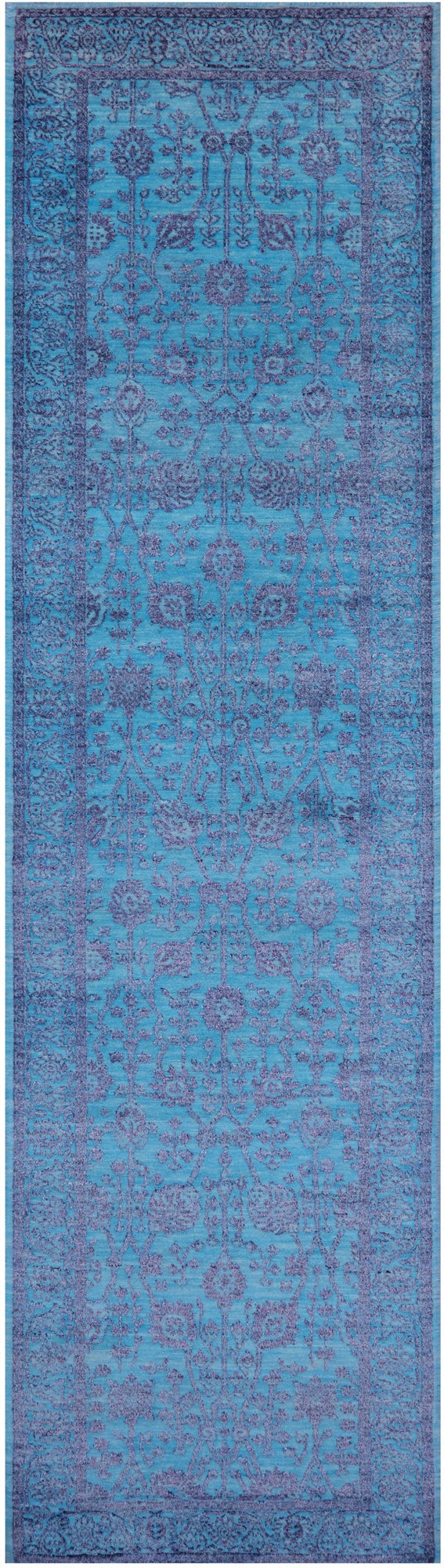 Blue Persian Tabriz Hand Knotted Wool & Silk Runner Rug - 2' 7" X 10' 2" - Golden Nile