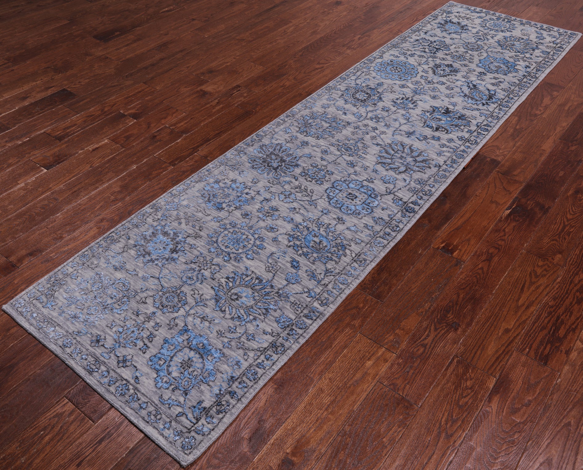 Grey Persian Tabriz Hand Knotted Wool & Silk Runner Rug - 2' 8" X 10' 2"