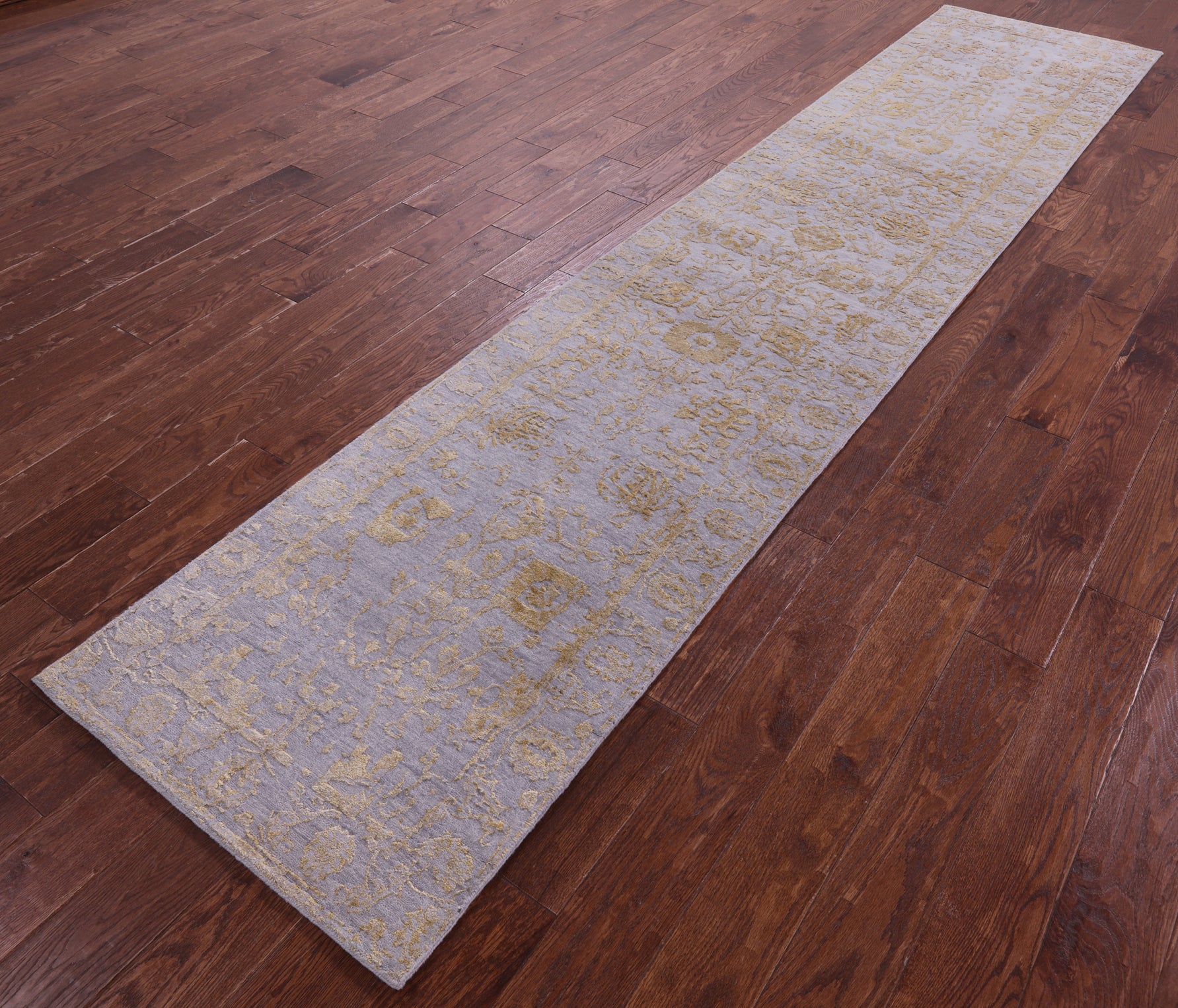 Grey Persian Tabriz Hand Knotted Wool & Silk Runner Rug - 2' 5" X 11' 11" - Golden Nile
