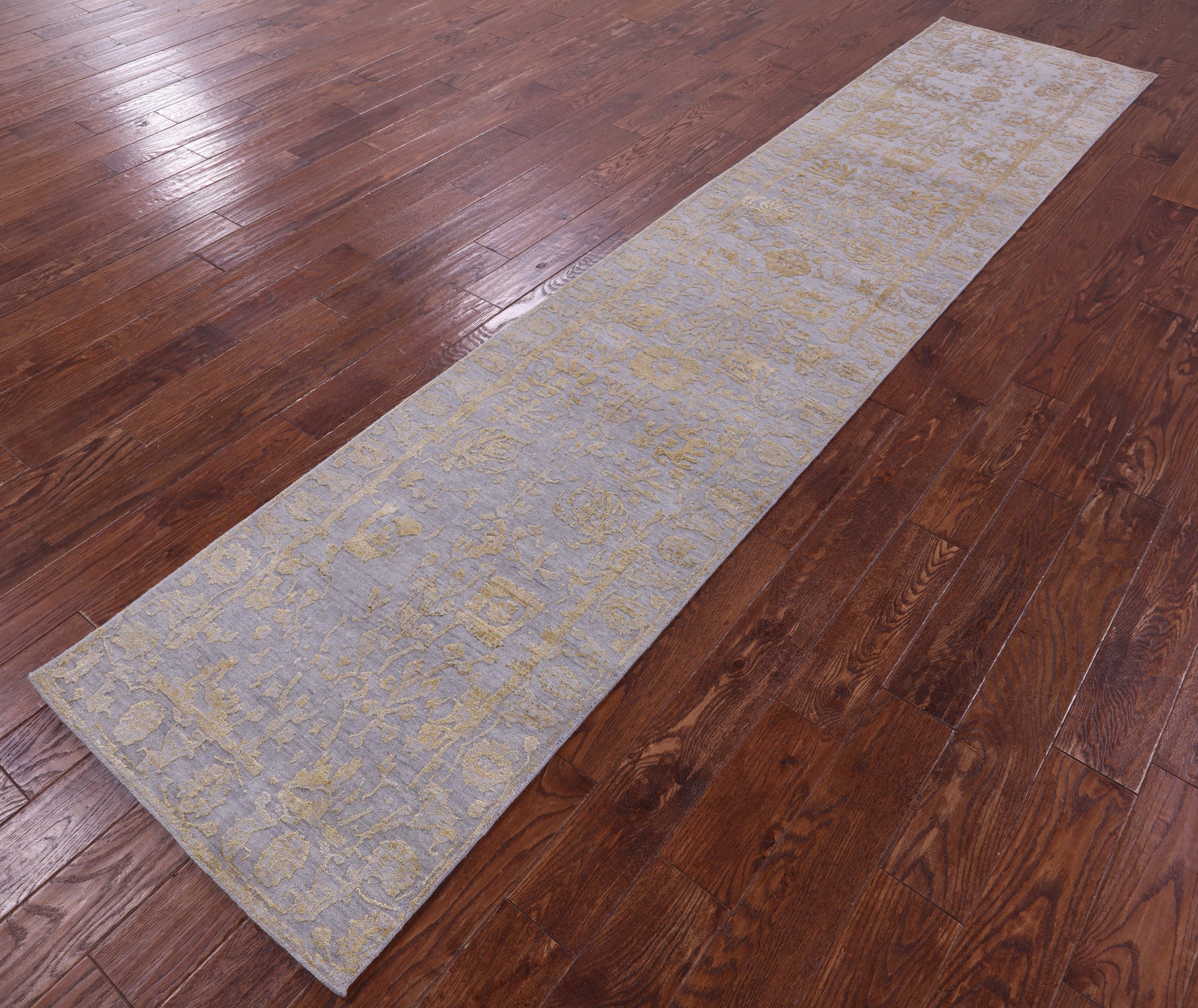 Grey Persian Tabriz Hand Knotted Wool & Silk Runner Rug - 2' 6" X 11' 10" - Golden Nile