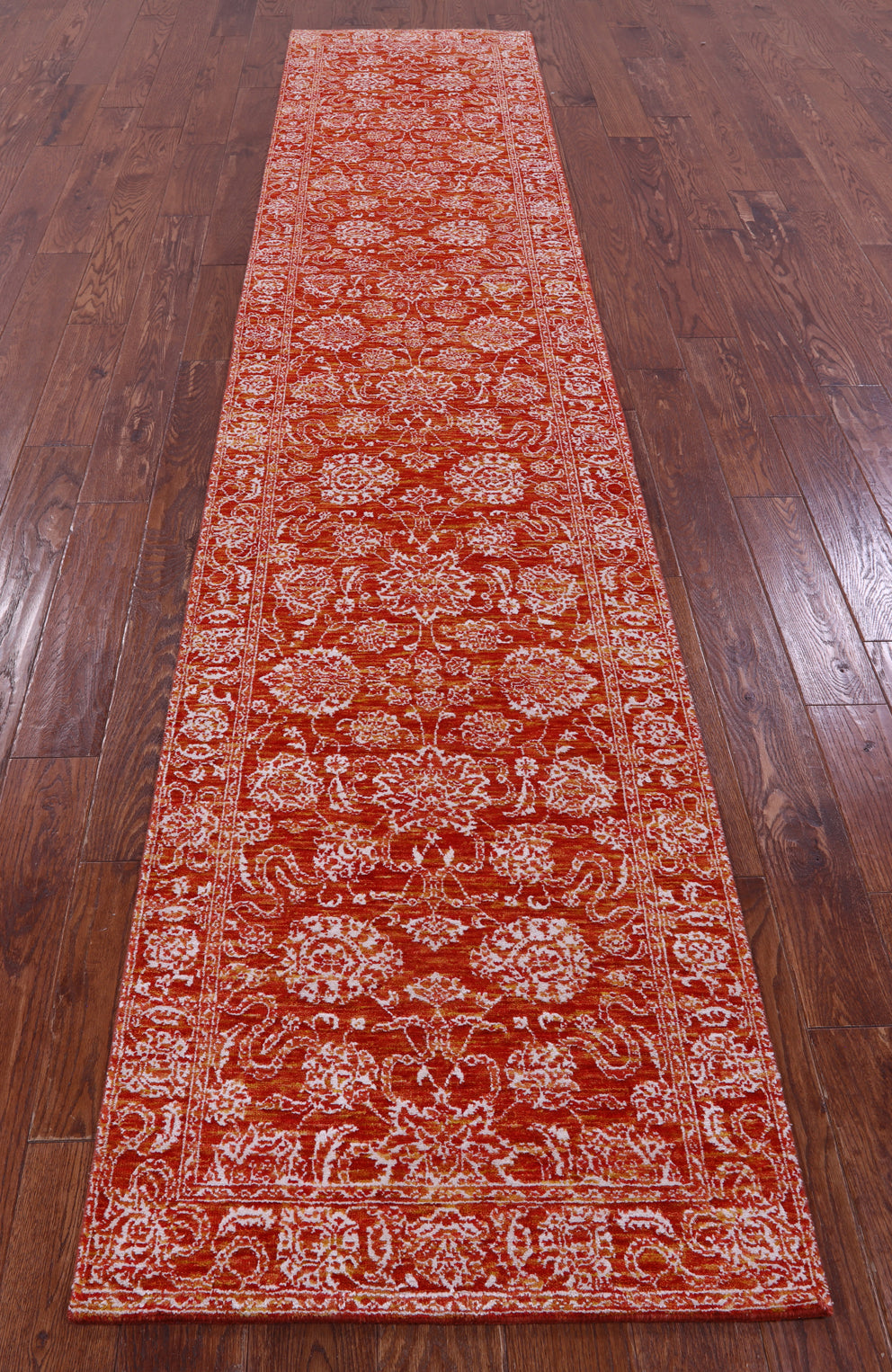 Orange Persian Tabriz Hand Knotted Wool & Silk Runner Rug - 2' 6" X 12' 0" - Golden Nile