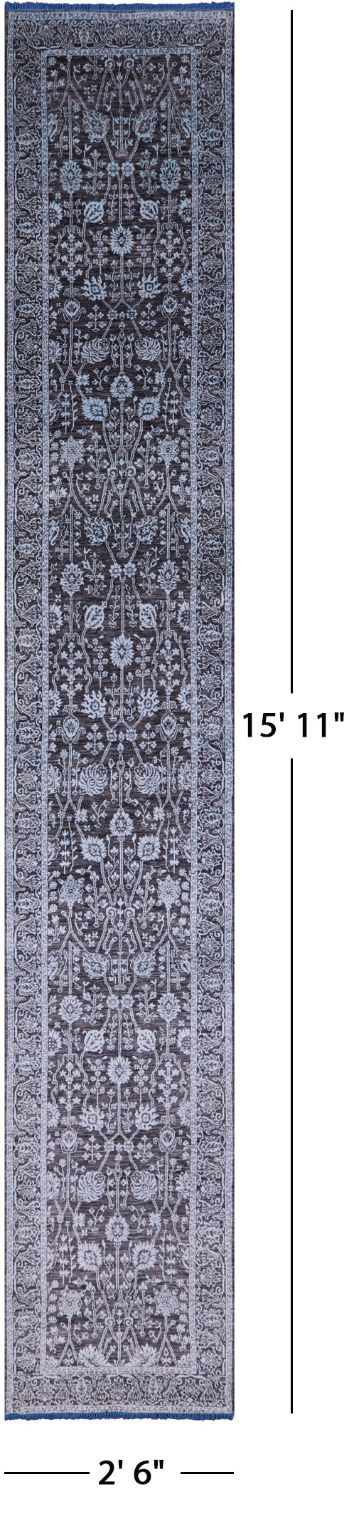 Grey Persian Tabriz Hand Knotted Wool & Silk Runner Rug - 2' 6" X 15' 11" - Golden Nile