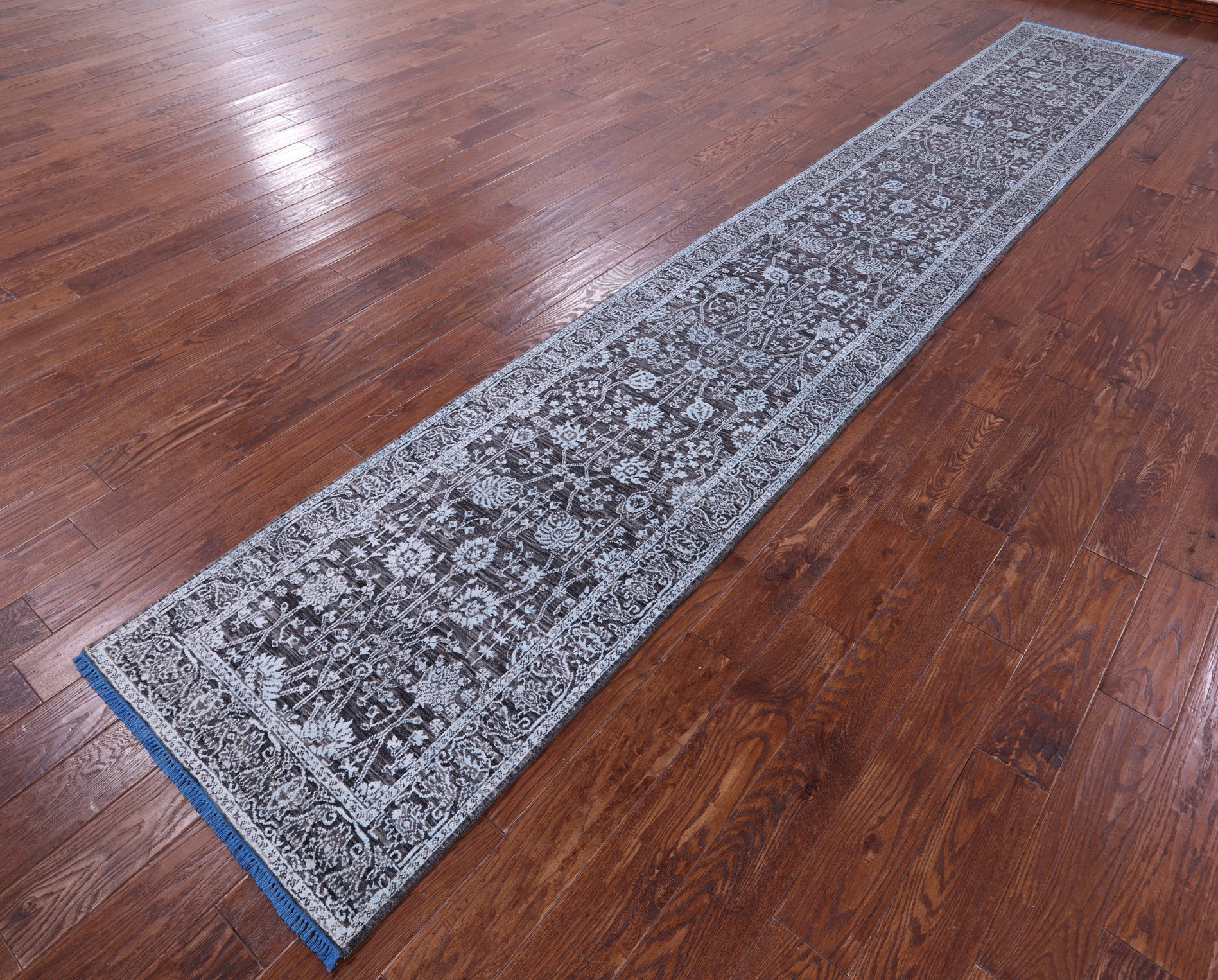 Grey Persian Tabriz Hand Knotted Wool & Silk Runner Rug - 2' 6" X 15' 11" - Golden Nile
