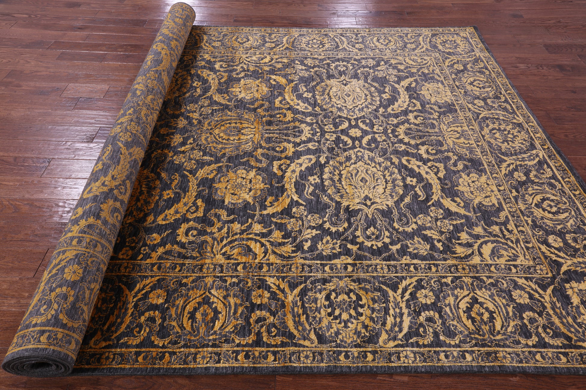 Grey Persian Tabriz Hand Knotted Wool & Silk Rug - 7' 11" X 13' 11" - Golden Nile