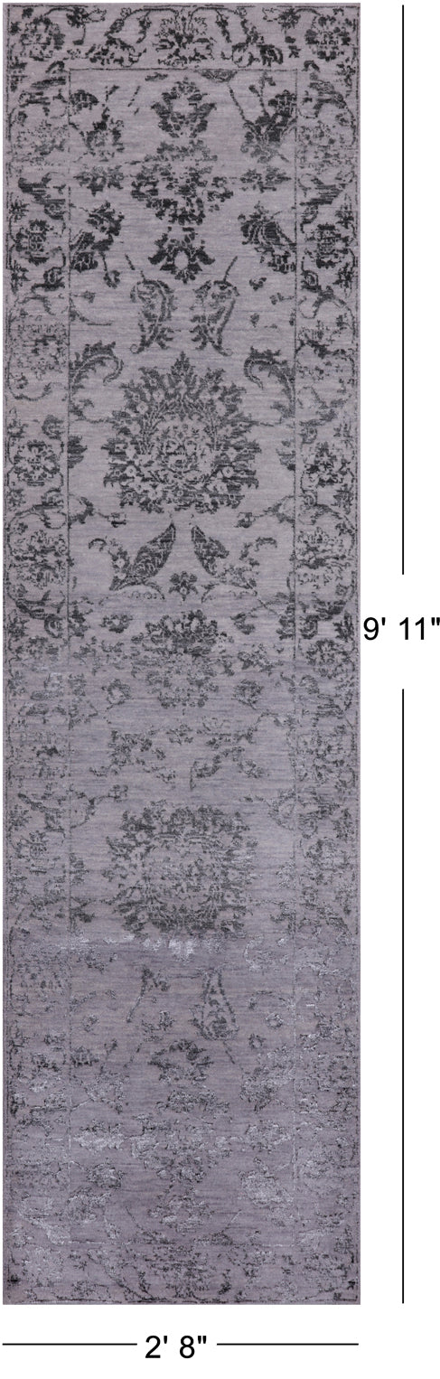Grey Persian Tabriz Handmade Wool & Silk Runner Rug - 2' 8" X 9' 11"