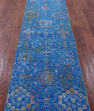 Blue Contemporary Hand Knotted Wool & Silk Runner Rug - 2' 6" X 10' 1" - Golden Nile