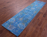 Blue Contemporary Hand Knotted Wool & Silk Runner Rug - 2' 6" X 10' 1" - Golden Nile