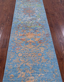 Blue Contemporary Hand Knotted Wool & Silk Runner Rug - 2' 6" X 12' 3" - Golden Nile