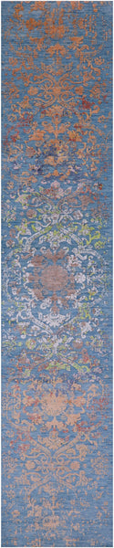 Blue Contemporary Hand Knotted Wool & Silk Runner Rug - 2' 6" X 12' 3" - Golden Nile