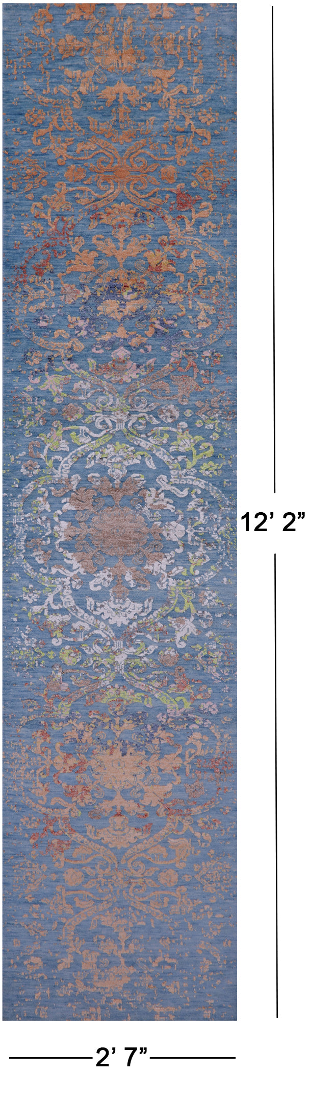 Blue Contemporary Hand Knotted Wool & Silk Runner Rug - 2' 7" X 12' 2" - Golden Nile