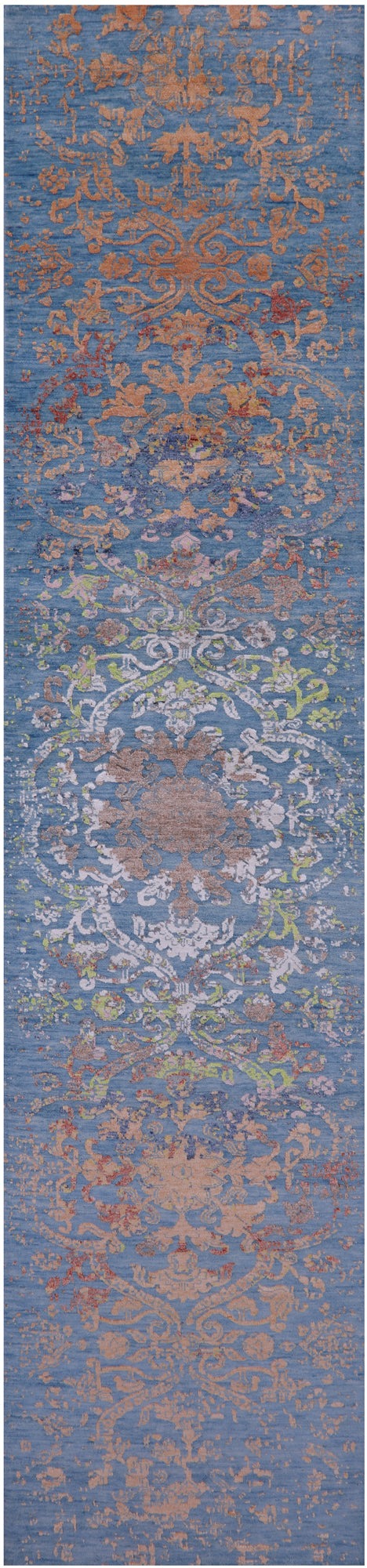 Blue Contemporary Hand Knotted Wool & Silk Runner Rug - 2' 7" X 12' 2" - Golden Nile