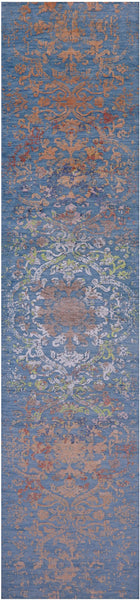 Blue Contemporary Hand Knotted Wool & Silk Runner Rug - 2' 7" X 12' 2" - Golden Nile
