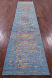Blue Contemporary Hand Knotted Wool & Silk Runner Rug - 2' 7" X 12' 2" - Golden Nile