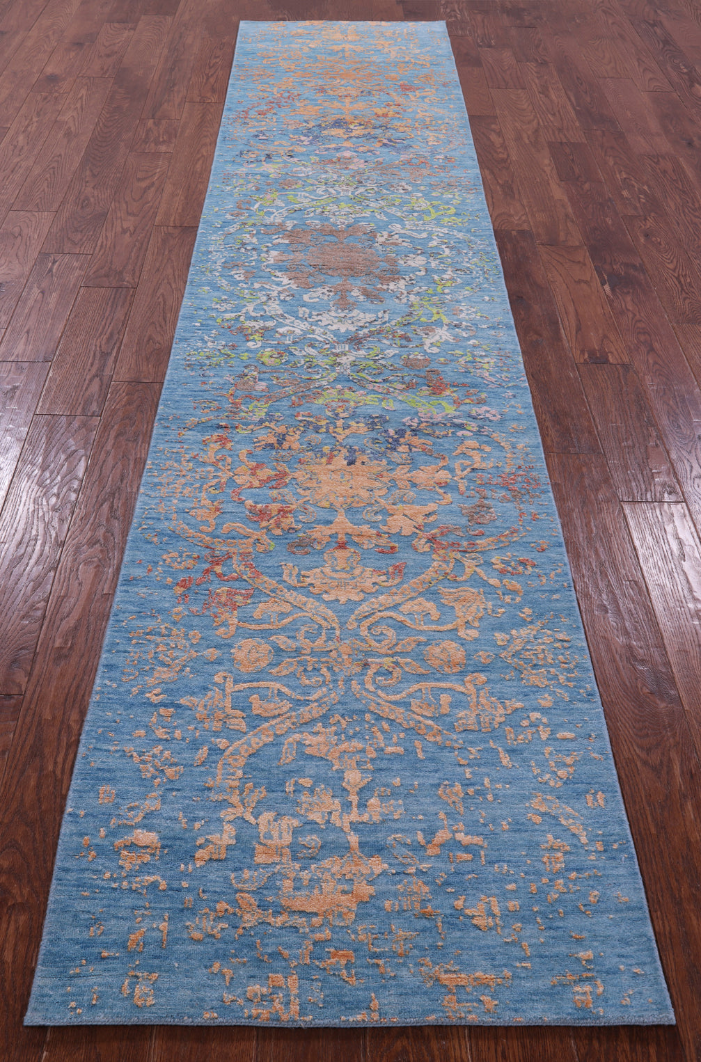 Blue Contemporary Hand Knotted Wool & Silk Runner Rug - 2' 7" X 12' 2" - Golden Nile