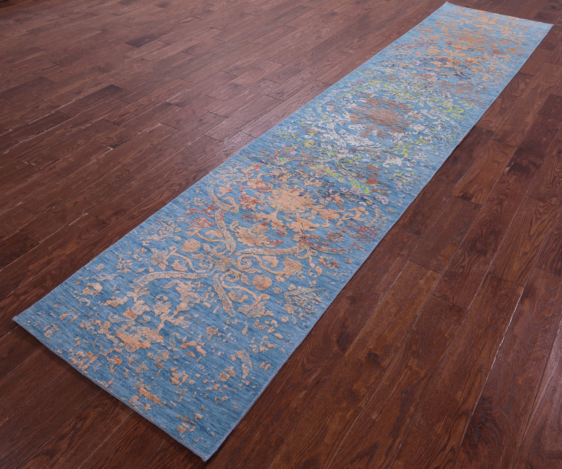 Blue Contemporary Hand Knotted Wool & Silk Runner Rug - 2' 7" X 12' 2" - Golden Nile