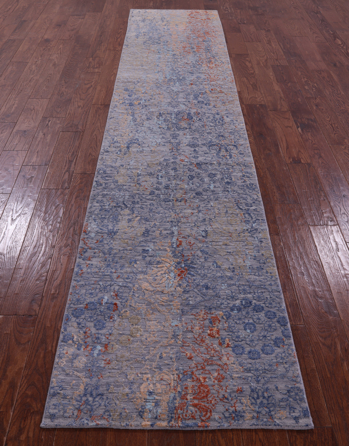 Grey Abstract Contemporary Hand Knotted Wool & Silk Runner Rug - 2' 6" X 12' 0" - Golden Nile