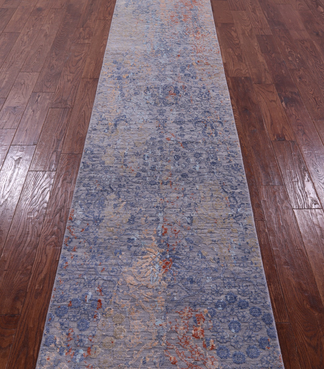 Grey Abstract Contemporary Hand Knotted Wool & Silk Runner Rug - 2' 6" X 12' 0" - Golden Nile