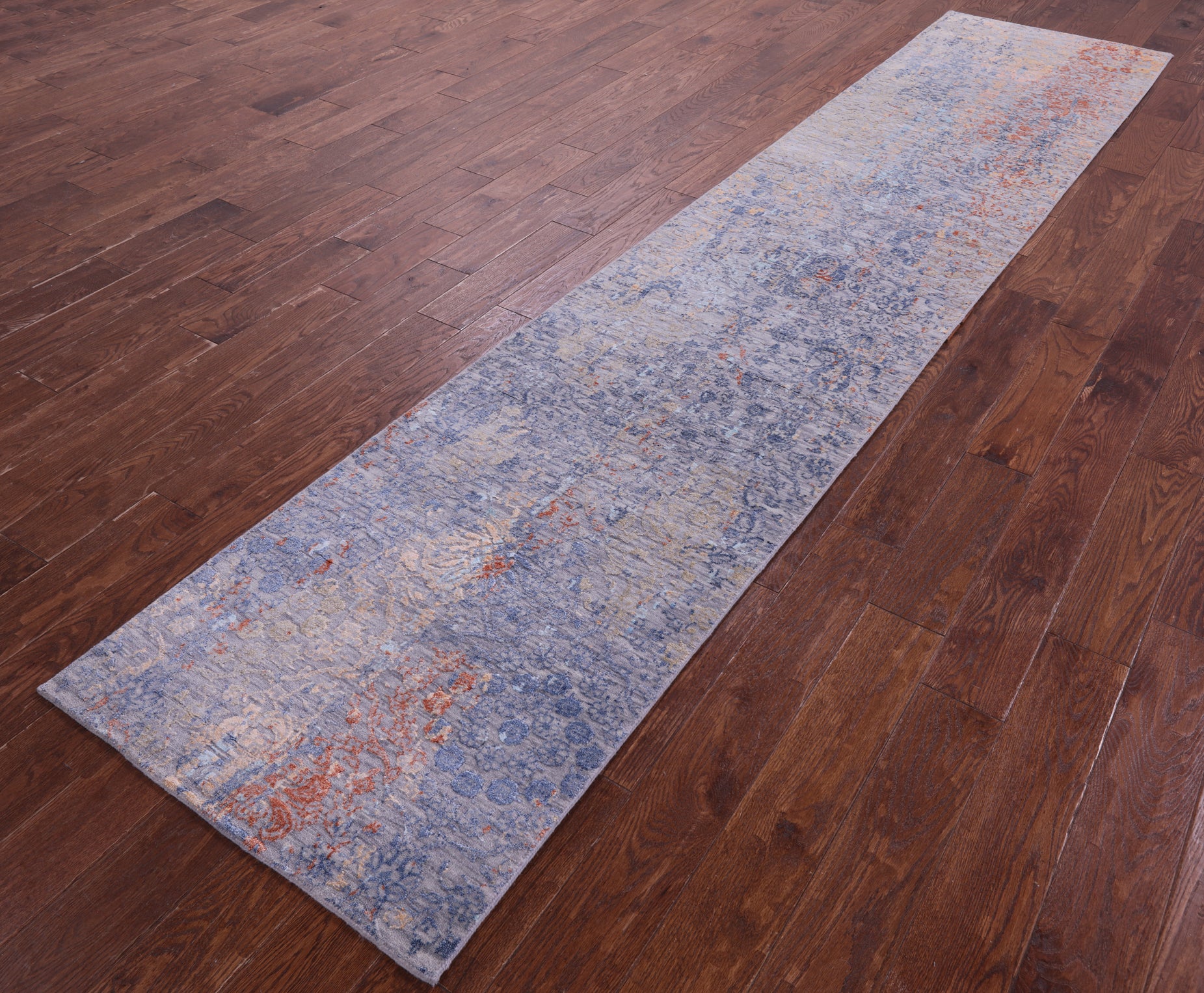 Grey Abstract Contemporary Hand Knotted Wool & Silk Runner Rug - 2' 6" X 12' 0" - Golden Nile
