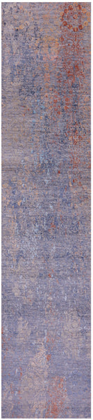 Grey Abstract Contemporary Hand Knotted Wool & Silk Runner Rug - 2' 6" X 12' 0" - Golden Nile