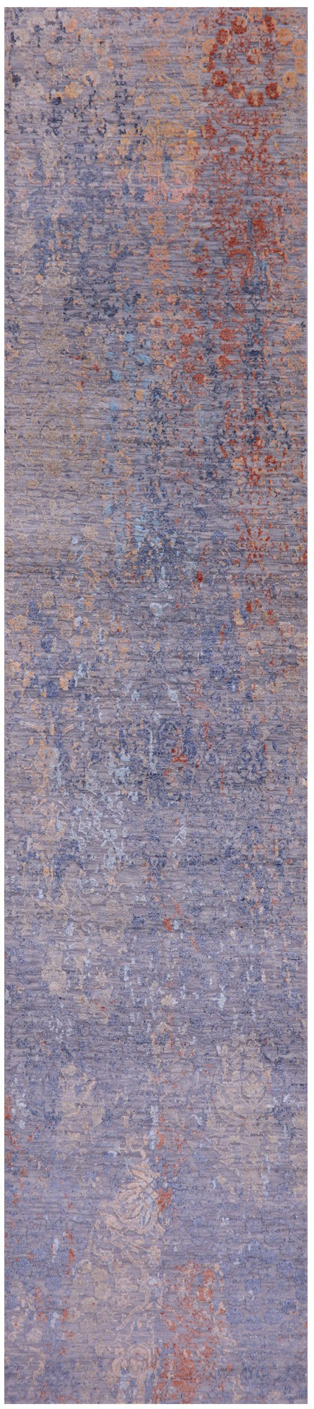 Grey Abstract Contemporary Hand Knotted Wool & Silk Runner Rug - 2' 6" X 12' 0" - Golden Nile