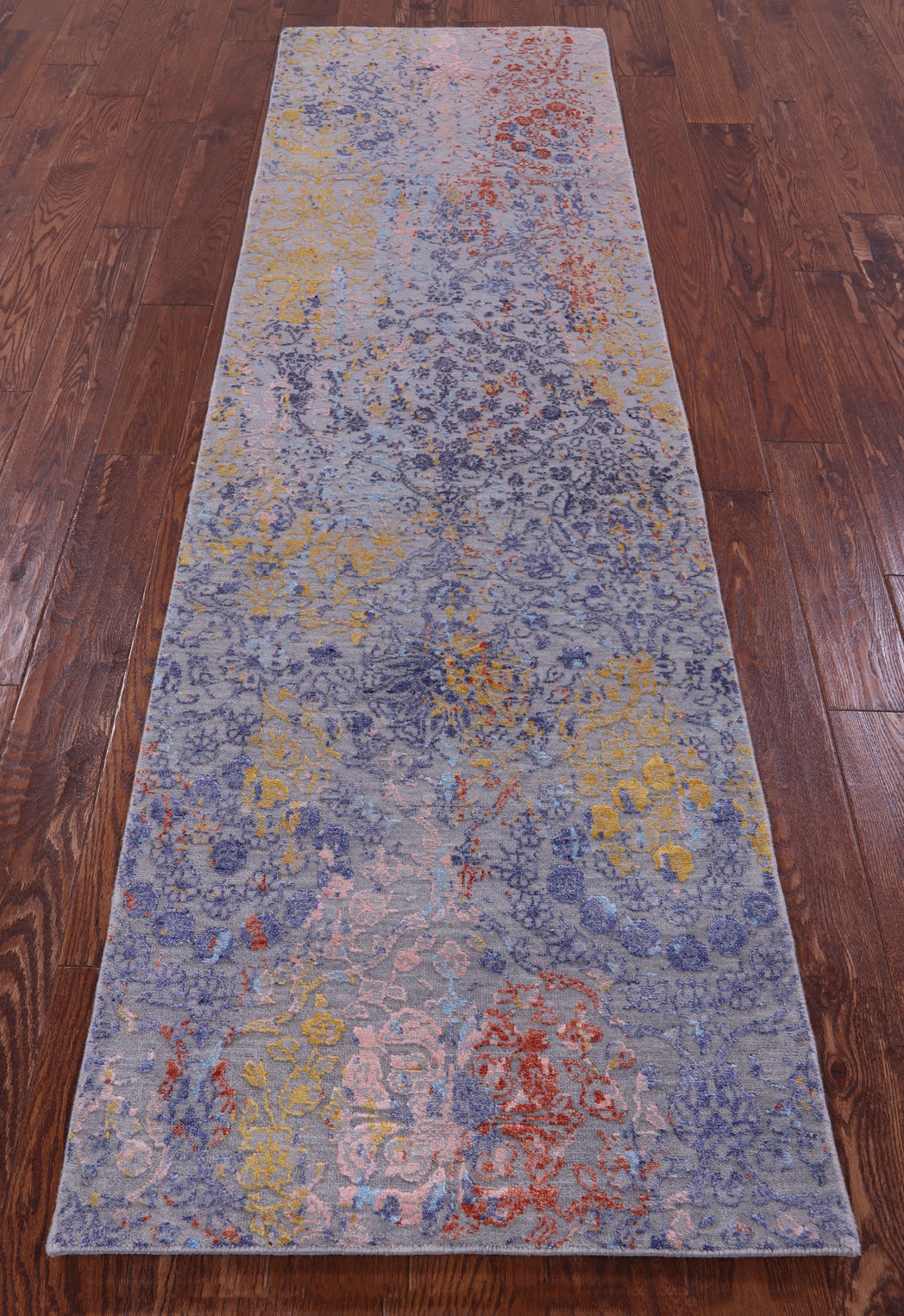 Grey Abstract Contemporary Hand Knotted Wool & Silk Runner Rug - 2' 5" X 8' 8" - Golden Nile