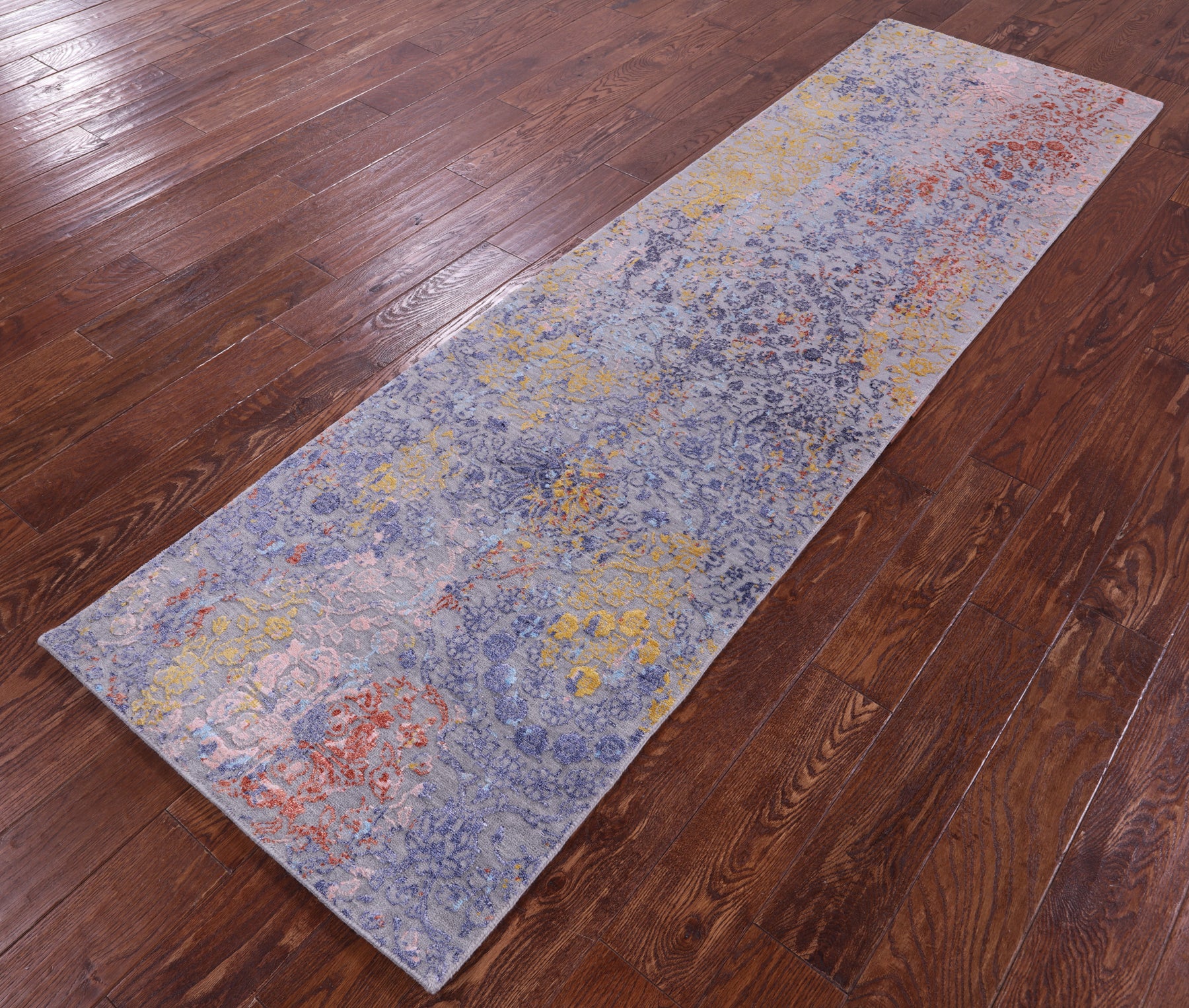 Grey Abstract Contemporary Hand Knotted Wool & Silk Runner Rug - 2' 5" X 8' 8" - Golden Nile