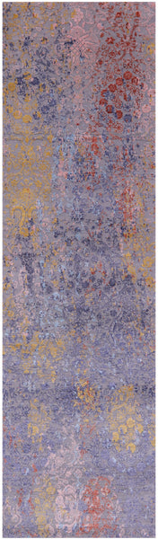 Grey Abstract Contemporary Hand Knotted Wool & Silk Runner Rug - 2' 5" X 8' 8" - Golden Nile