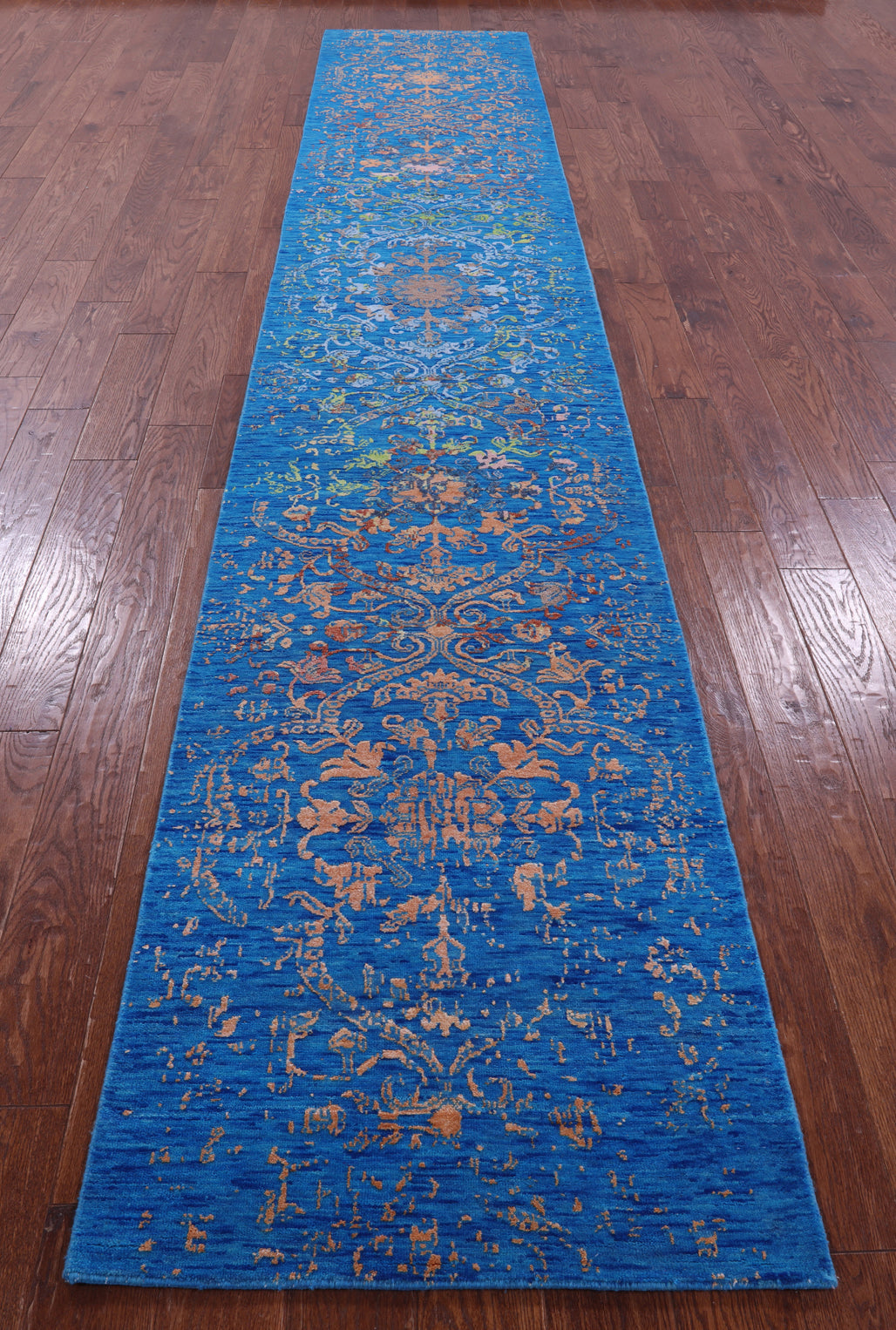 Blue Contemporary Hand Knotted Wool & Silk Runner Rug - 2' 6" X 14' 3" - Golden Nile