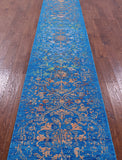 Blue Contemporary Hand Knotted Wool & Silk Runner Rug - 2' 6" X 14' 3" - Golden Nile